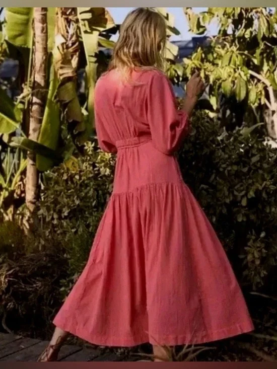 Free People Endless Summer On The Move Midi Dress small Wrap Pink Hibiscus coral - Picture 2 of 11